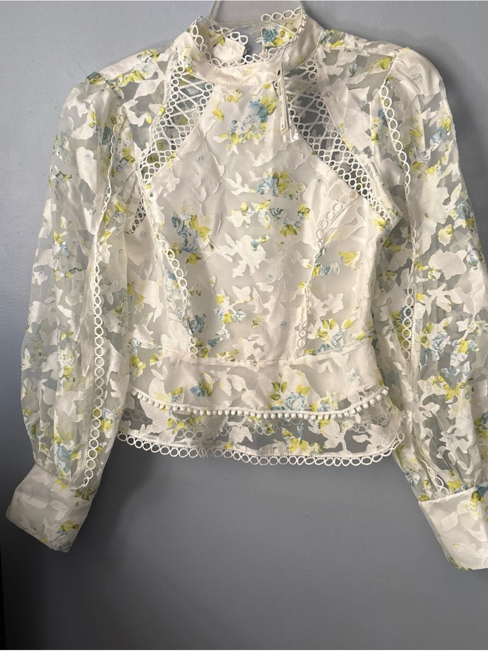 River Island White Lace Floral High-Neck Blouse with Blue and Yellow Accents